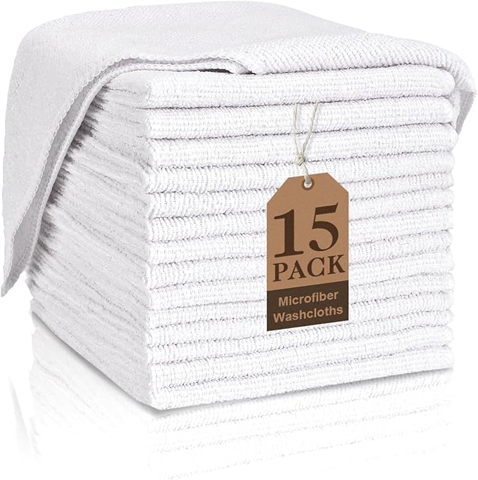 White Washcloths 15 Pack, Highly Absorbent & Quick Drying Face Towels, 12x12