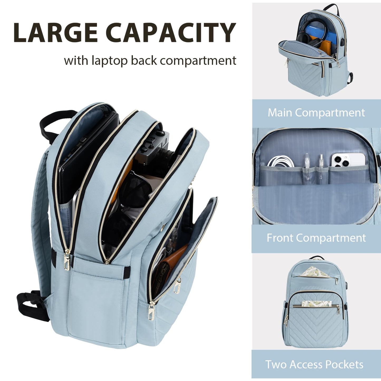 VANKEAN 15.6 Inch Laptop Backpack for Women Work Laptop Bag Fashion with USB Port, Waterproof Backpacks Stylish Travel Bags Casual Daypacks for College, Business, Light Blue