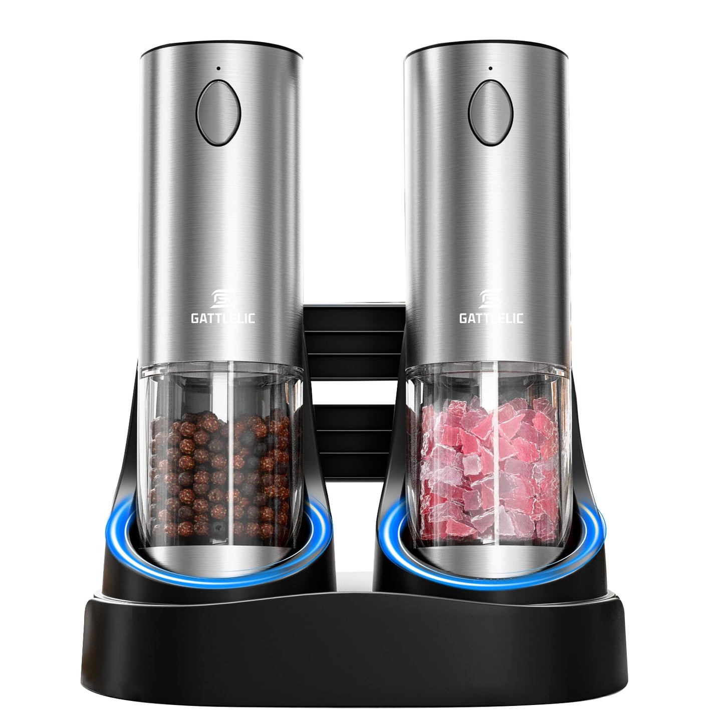 Electric Salt and Pepper Grinder Set, Automatic Pepper Mill Grinder w/Upgraded Charge Base and LED Light,Adjustable Coarseness,Rechargeable Black Peppercorn & Sea Salt Spice Mill Set