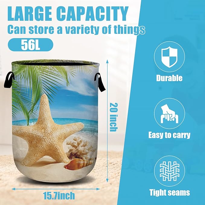 Starfish Seashell Laundry Basket, Ocean Sea Beach Laundry Hamper Collapsible
