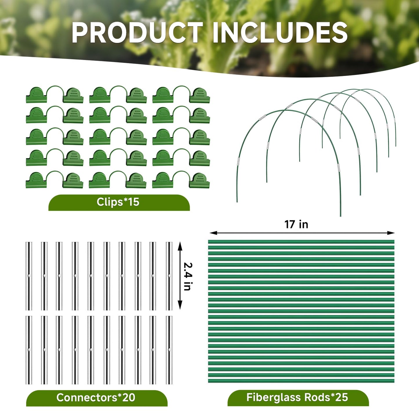 Nsitehalo 25pcs Garden Hoops for Raised Beds, Rust-Free Fiberglass Greenhouse Hoops Grow Tunnel with Clips, Support Hoop House Frame for Garden Netting & Fabric, Row Cover Plant Stakes for Vegetables