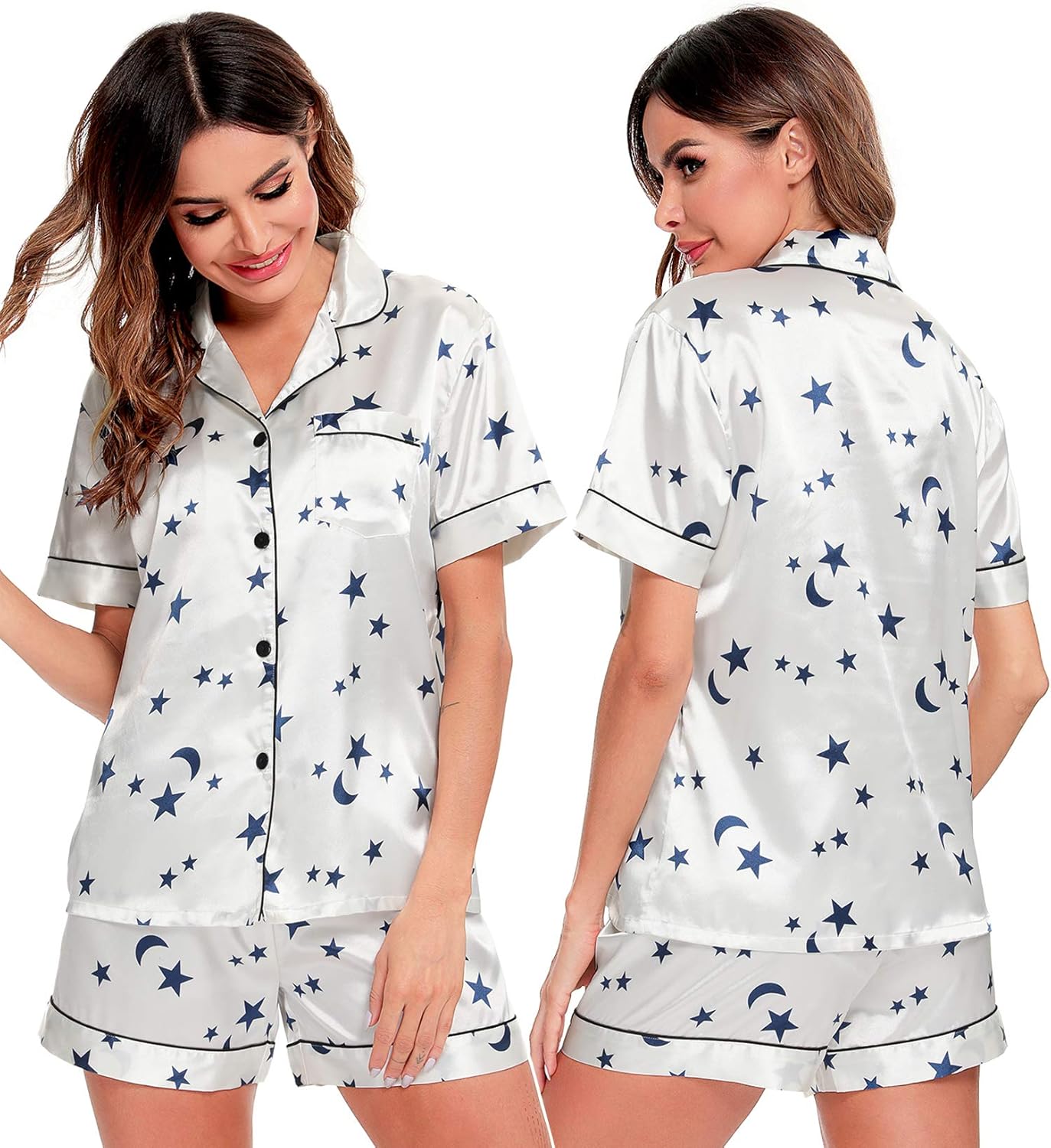 SWOMOG Womens Silk Satin Pajamas Set Short Sleeve Sleepwear Button Down Top and Shorts Loungewear 2 Piece Pjs Set XS-3XL