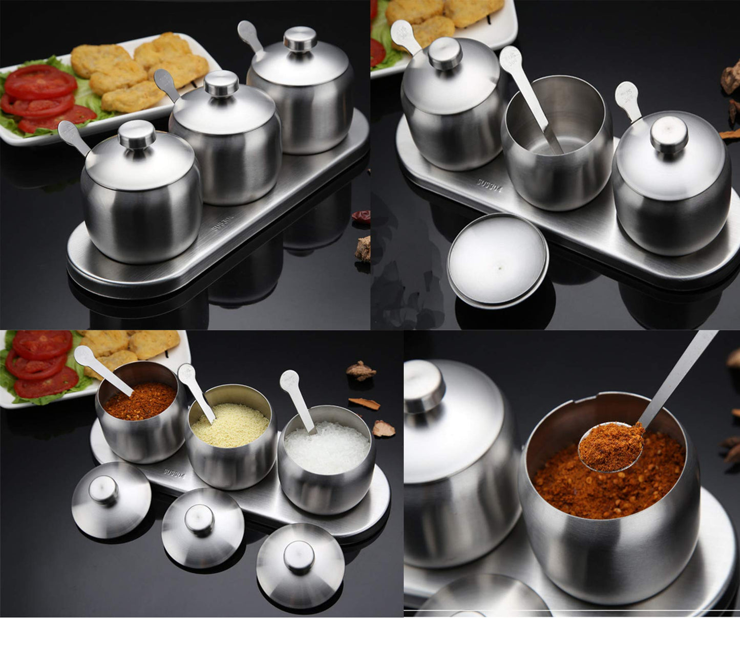 TENTA KITCHEN TENT 18/8 Stainless Steel Seasoning Containers Set Spice Jar Spice Rack Condiment Cruet Bottle Salt Pepper Sugar Storage Organizers with 3 Serving Spoons And Non-slip Base