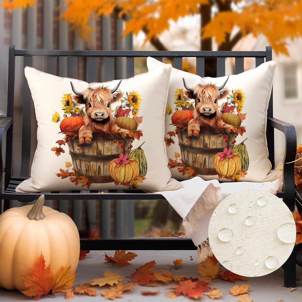 RABUSOFA Fall Outdoor Pillow Covers 18x18 Inch Waterproof Set of 2 Autumn Highland Cow Sunflower Farmhouse Decorations for Home Thanksgiving Pumpkin Decor Decorative Throw Pillow Cases for Patio Couch