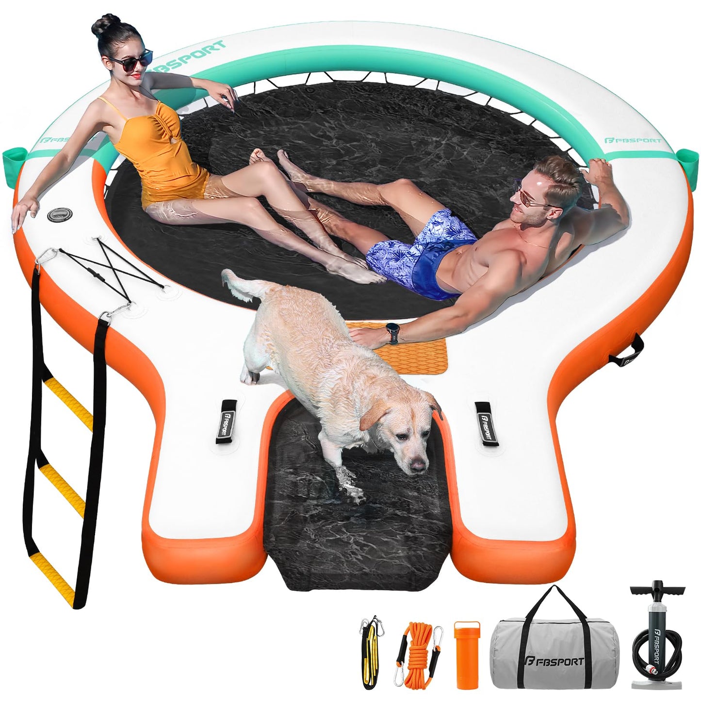 FBSPORT Inflatable Water Hammock Floating Dock with Boat Ramp,Round Floating Ring Inflatable Raft with Cup Holders, Sun Float Chill Tanning Pool Lounger Platform for Lake