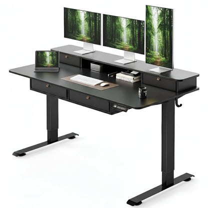 CubiCubi 60" x 30" Standing Desk with Drawers, Height Adjustable Electric Workstation, Computer Sit Stand Up Table with Large Storage Shelf 4 Drawers and 2 Hooks, Black