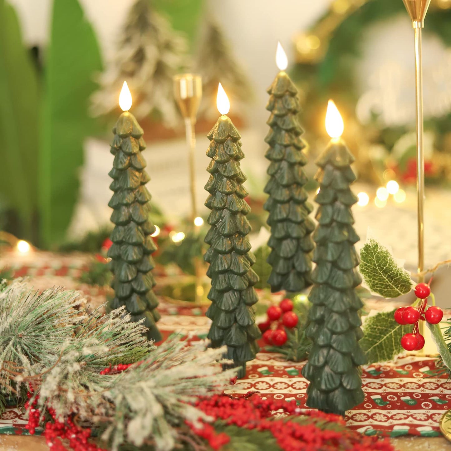 Fo32won Christmas Tree Shaped Flameless Candlesticks Battery Operated with Remote and Timer, Set of 4 Real Wax LED Taper Candles with 3D Flickering Wick for Christmas Decoration Gift