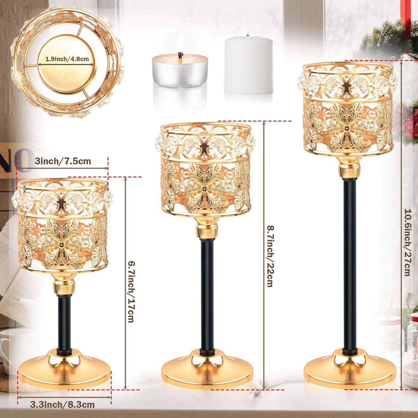 Kehail Set of 12 Floral-Carved Crystal & Metal Tealight Candelabras Bulk- Elegant Gold & Black Wedding Centerpiece, Dining Table Decor, Votive Candle Holders