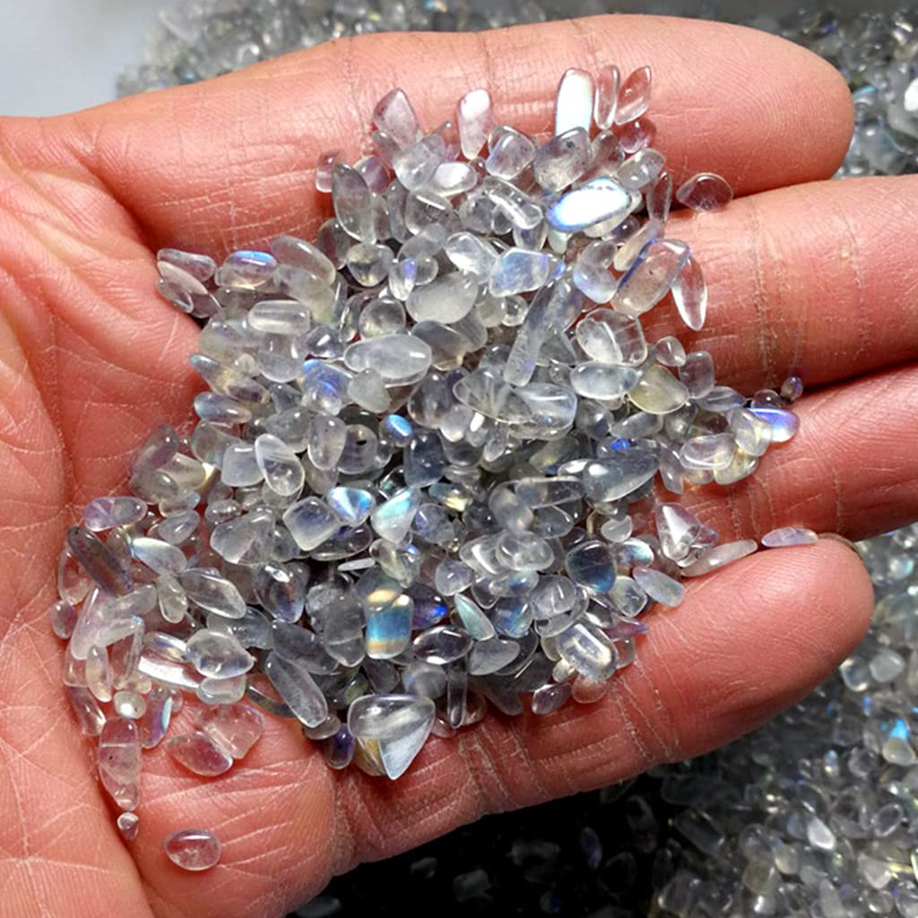 IMALY Grey Moonstone Tumbled Chips Stone Polished Crushed Healing Crystal Quartz Pieces Irregular Shaped Stones for Home Decorative Stones Vases Plants Succulents 0.5lb