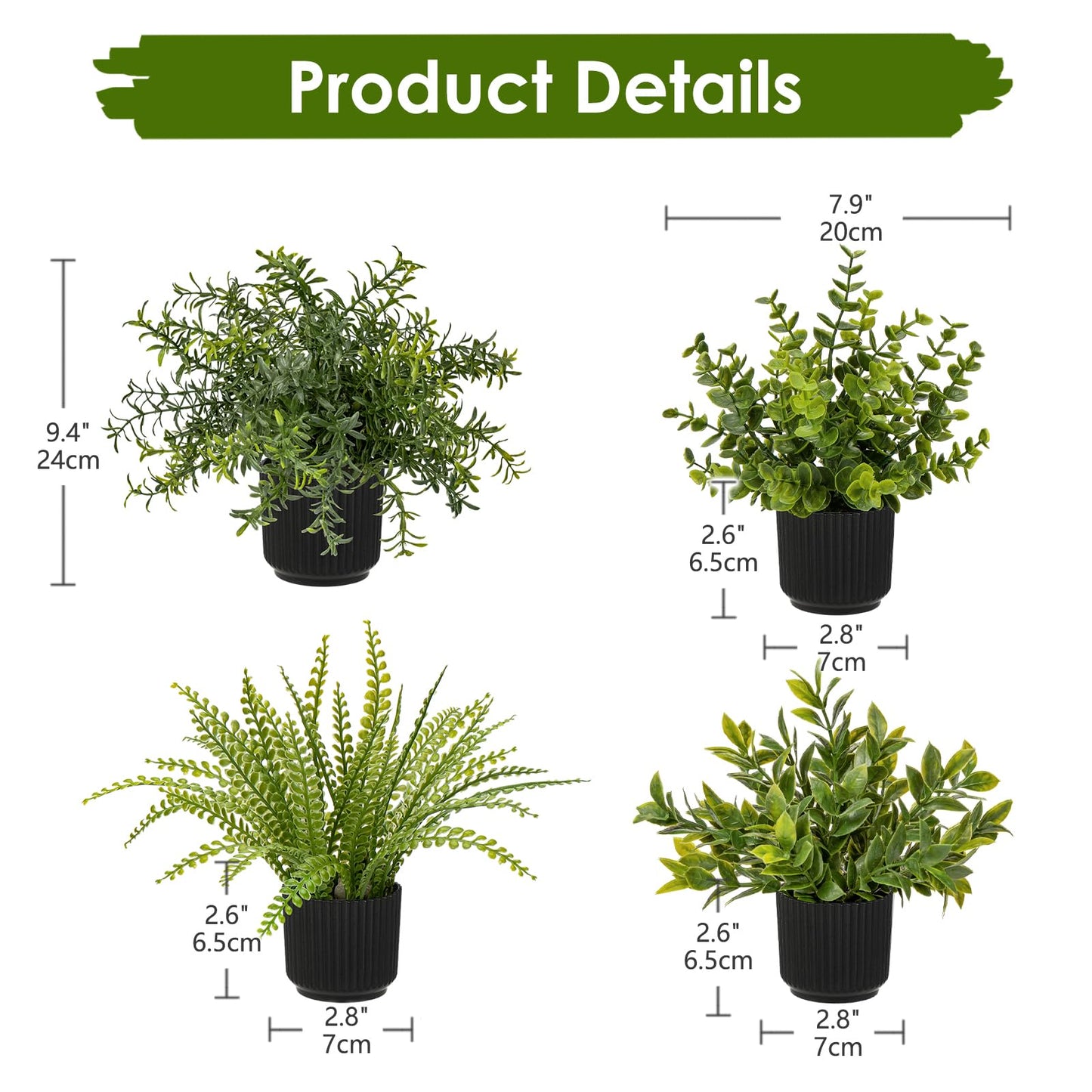 Hollyone 4 Pack Artificial Potted Plants Eucalyptus Rosemary Boston Fern ZZ Plant Fake Plant in Black Pot Small Faux Plant Greenery Aesthetic Indoor Home Decor Bathroom Bedroom Table Shelf Office