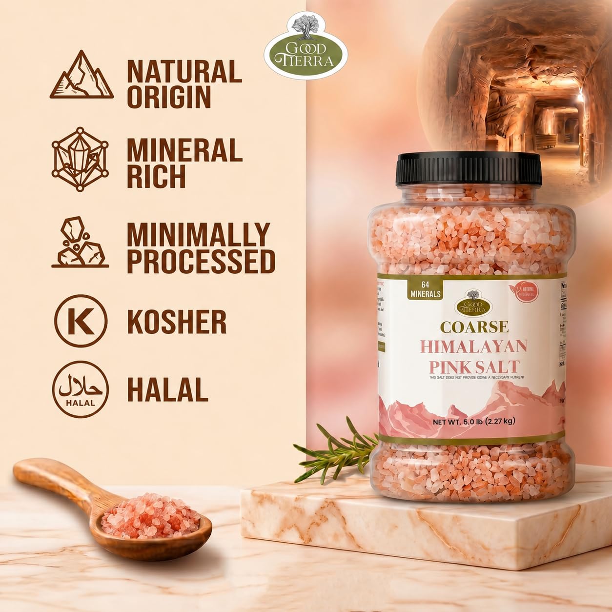Good Tierra Himalayan Pink Salt in Jar - Coarse, 5 lb - Ideal for Bath Salt, Table Salt Grinders, and Spice Jars