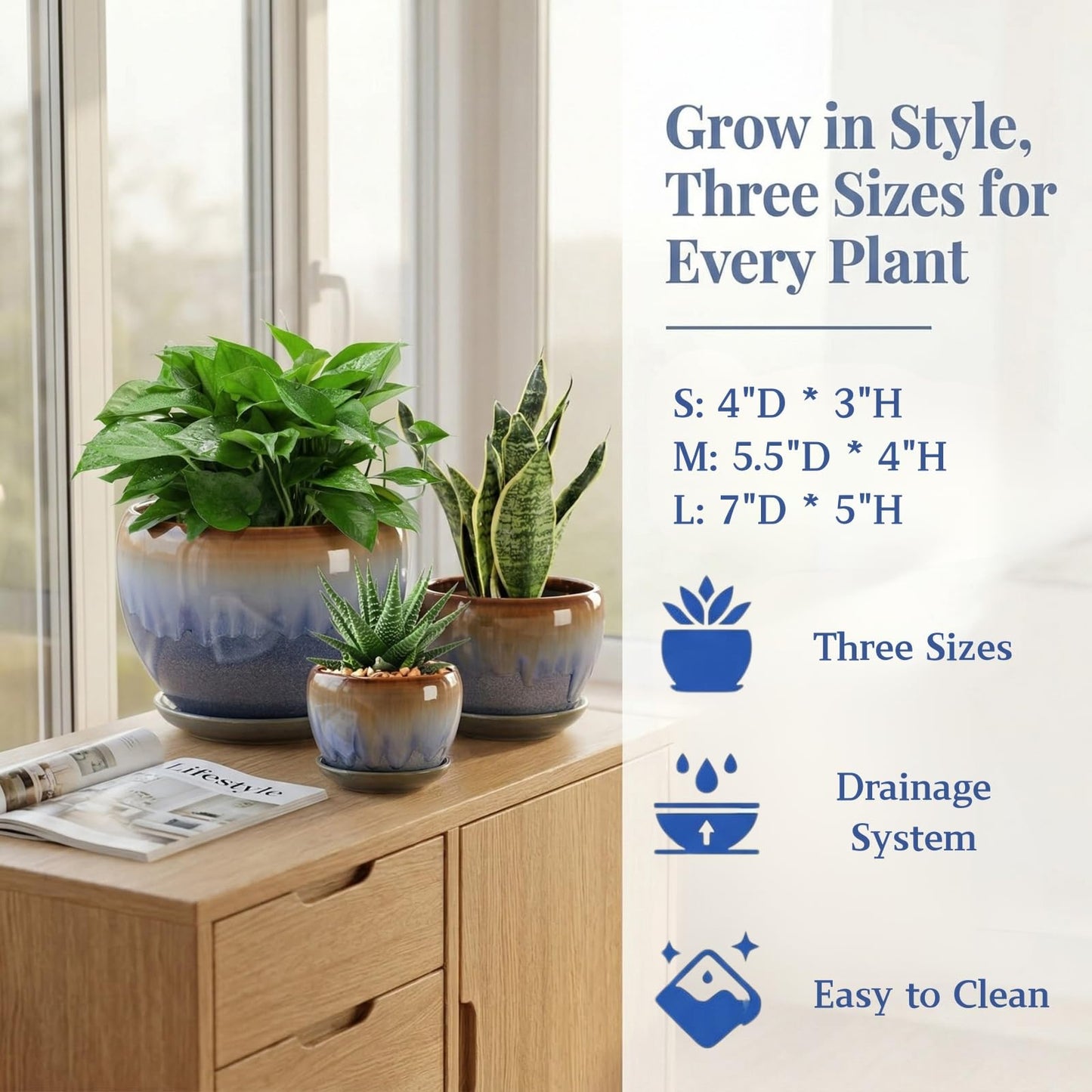 AVLA 3 Pack Ceramic Plant Pots, Gardening Drip Glazed Planters, Decorative Flower Pot with Drainage Hole and Saucer, Round Rustic Houseplant Container for Succulent Herbs Cactus Orchid, Home Office