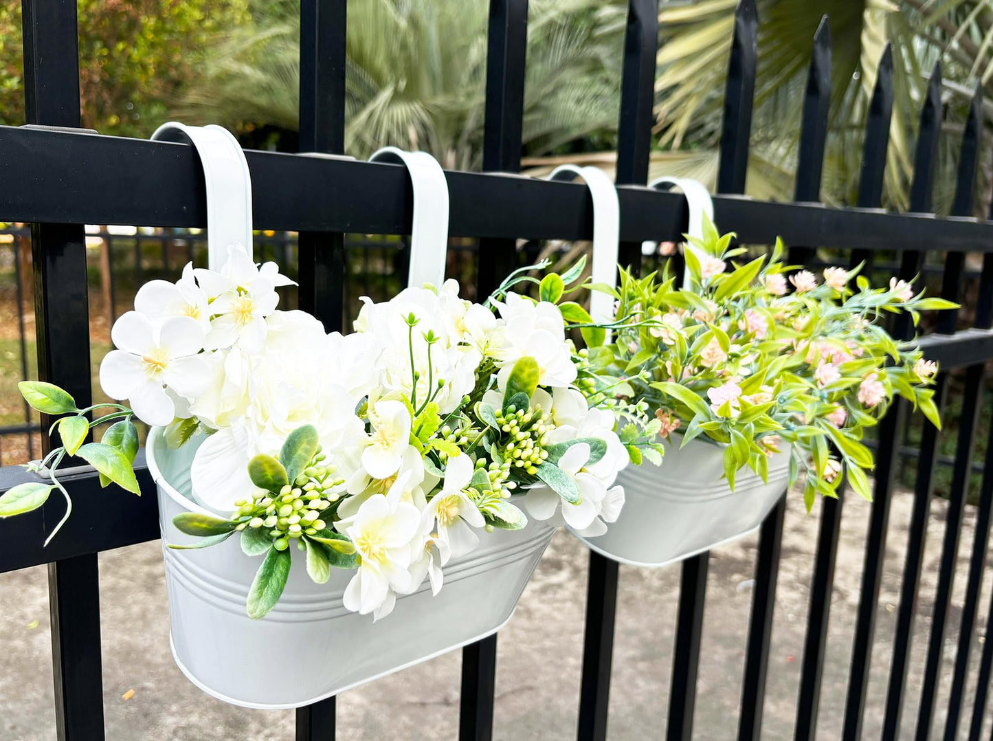 Joyfernal 12" Balcony Railing Planters, Outdoor Hanging Planter for Fence, Stylish Metal Porch Deck Flower Pot for Herbs & Succulents (White, Pack of 4)