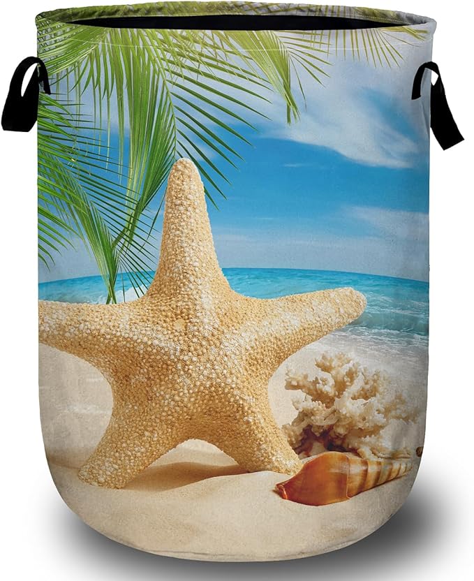 Starfish Seashell Laundry Basket, Ocean Sea Beach Laundry Hamper Collapsible
