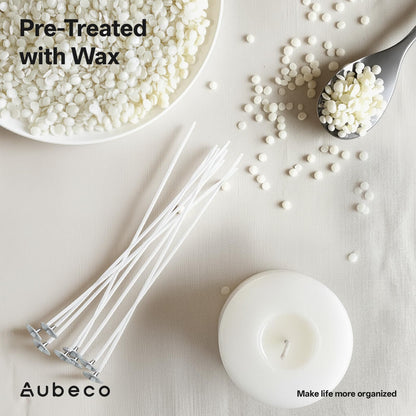 Aubeco 320Pcs 4/6/8 inch Pre Waxed Candle Wick with 320Pcs Wick Stickers and 10Pcs Candle Wick Holders, Bulk Cotton Candle Wicks for Candle Making, Soy Wax