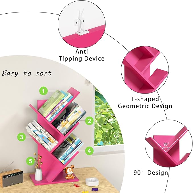 SHEEPAM 5 Tier Tree Book Shelf, Small Desktop Bookshelf