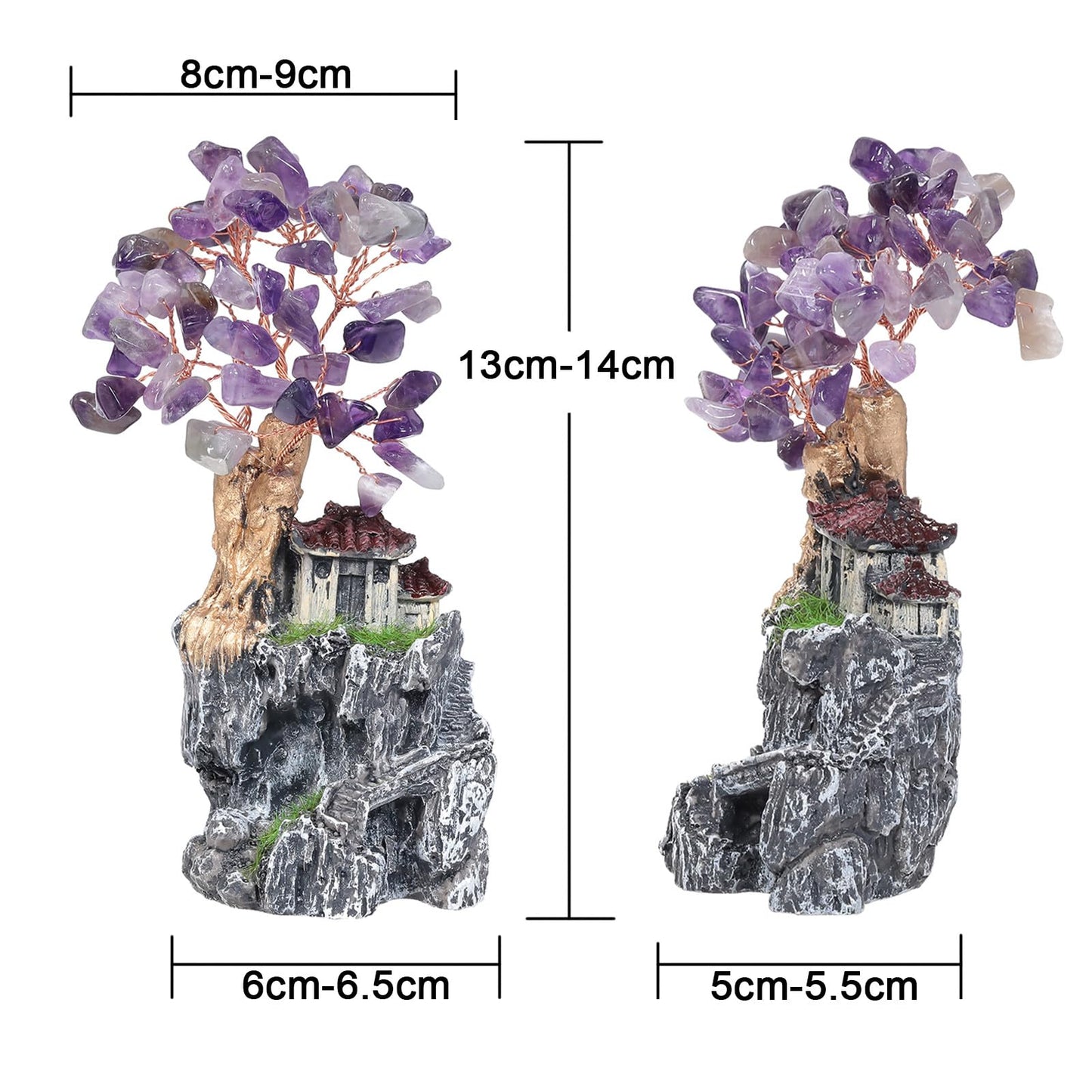 SUNYIK Resin Mountain Tree Fairy House Decor Chakra Crystal Money Tree Miniature Figurine Household Landscape Decor Indoor Garden Village, Amethyst