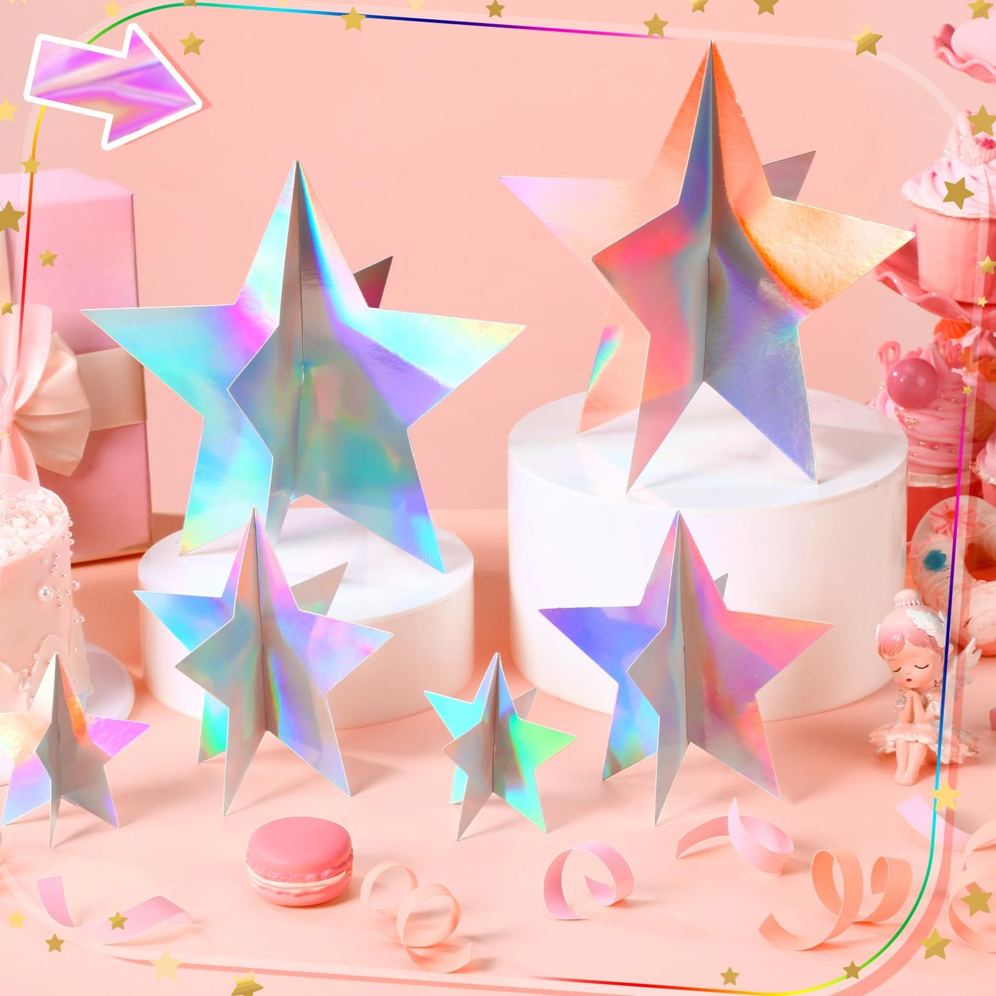 Sinload 45 Pcs 3D Glitter Iridescent Star Decorations 3 Sizes Holographic Star Standing Hanging Centerpieces for Back to School Disco Karaoke Music Wedding Mermaid Birthday Starry Movie Night Party