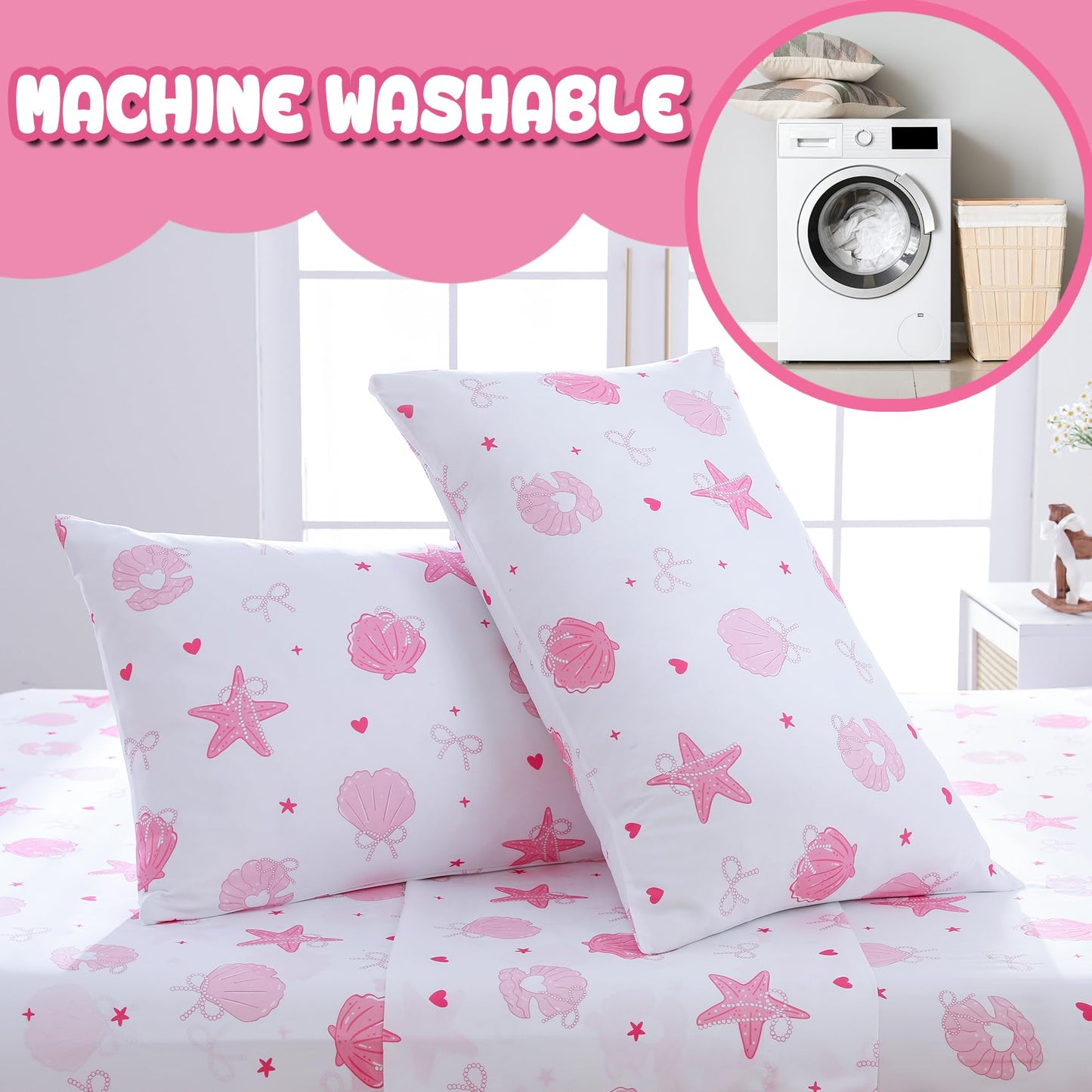 Yibeizi Pink Full Size Sheet Sets Kids Beach Bedding Coastal Bed Sheets for Girls Ocean Print Bedsheets Microfiber Deep Pocket Beachy Patterned Bed Sheet & Pillowcase Sets 4 Pieces