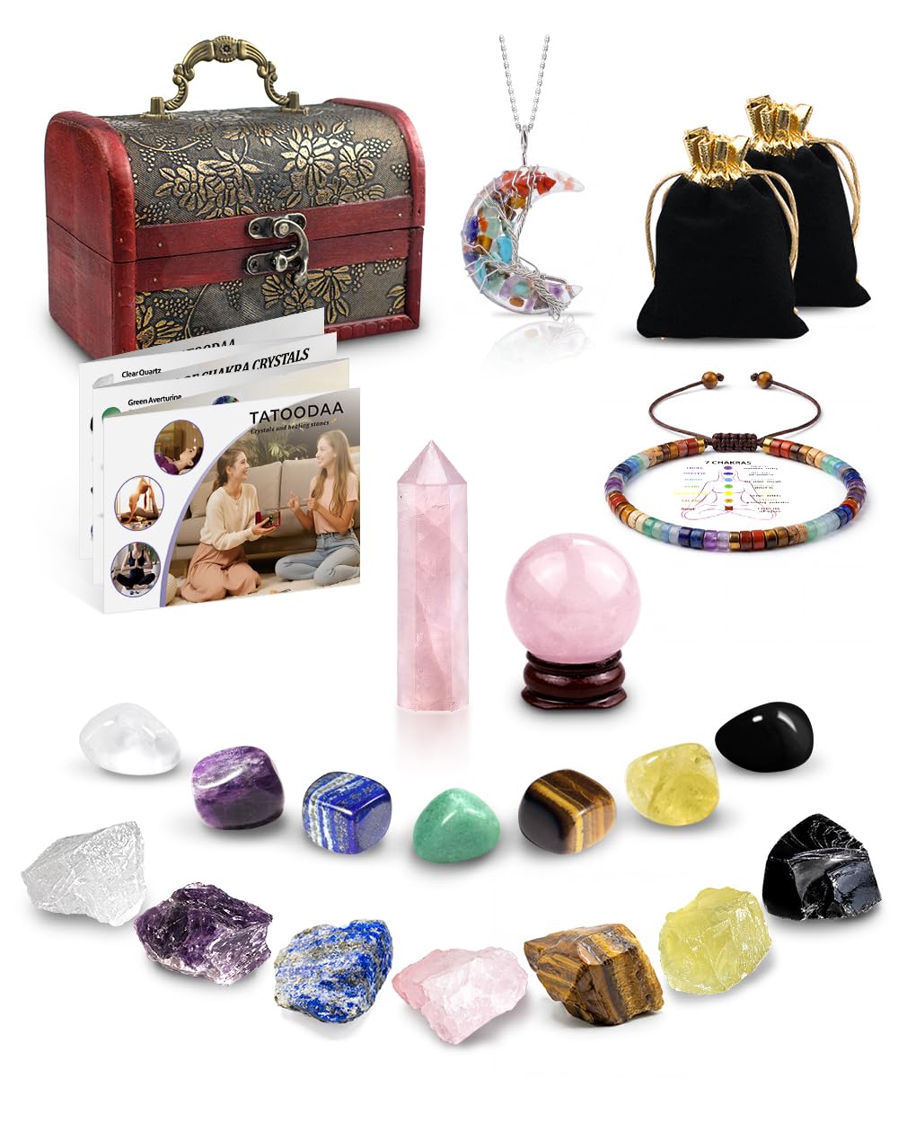 Crystals and Healing Stones Set, Chakra Healing Crystals, 7 Chakra Stones Set, Chakra Bracelets, Rose Crystal Wand and Ball, Reiki Energy Balance and Protection, Relief Anxiety Stress Gifts for Women