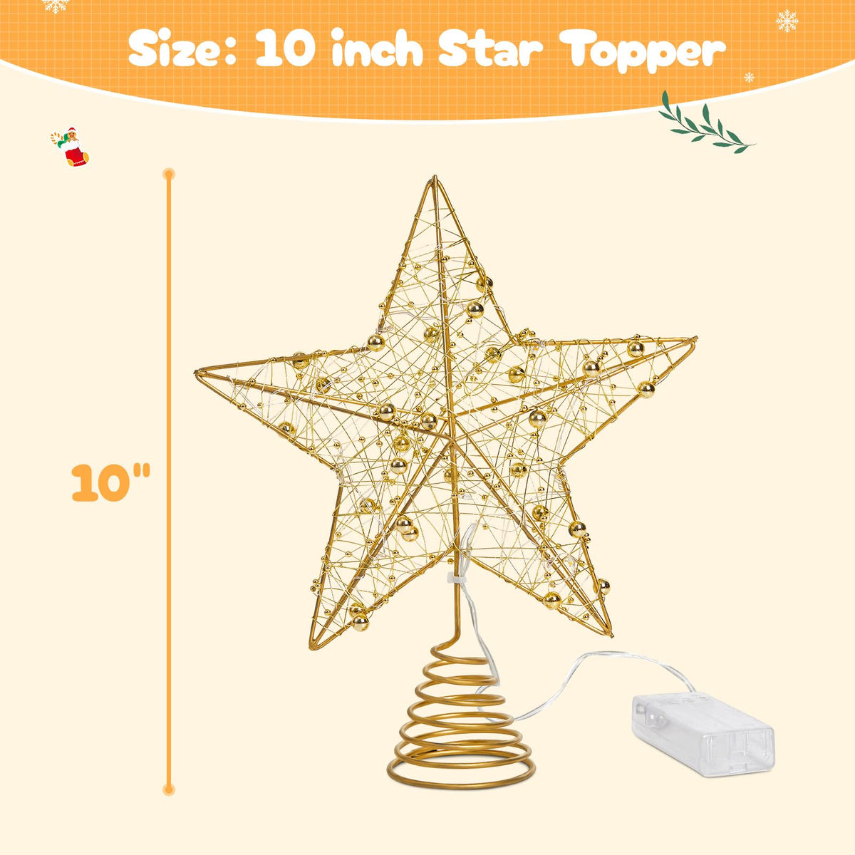 Athoinsu Light up Christmas Tree Topper Star 10 Inch Gold Glitter Christmas Ornaments Decoration with Warm LED Lights, Xmas Tree Topper Ornament for Holiday Christmas Party Home Decor