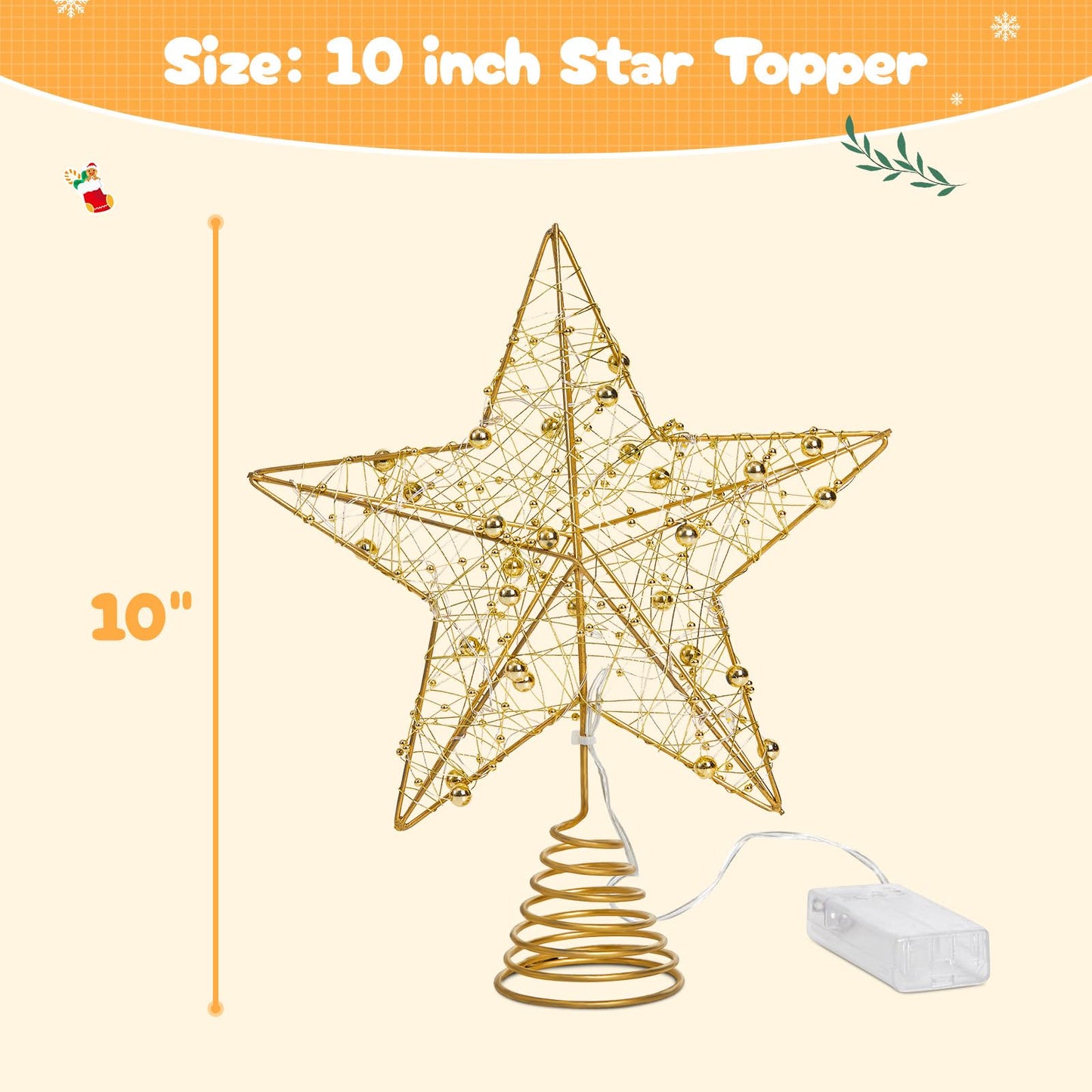 Athoinsu Light up Christmas Tree Topper Star 10 Inch Gold Glitter Christmas Ornaments Decoration with Warm LED Lights, Xmas Tree Topper Ornament for Holiday Christmas Party Home Decor