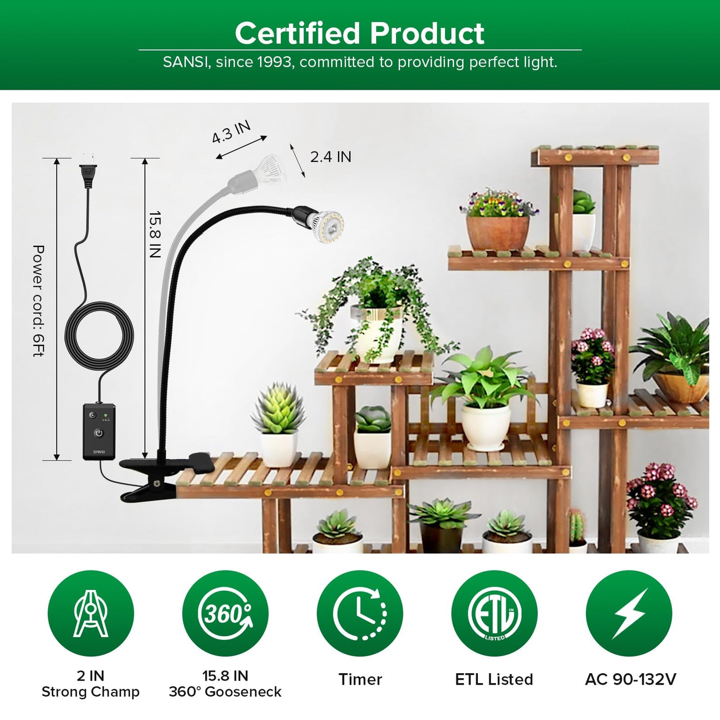 SANSI LED Grow Lights for Indoor Plants, Lifetime Free Bulb Replacement, 150W Full Spectrum Gooseneck Clip Plant Grow Light, Plant Light with Timer 4/8/12 Hrs, High PPFD Growing Power Grow Lamp