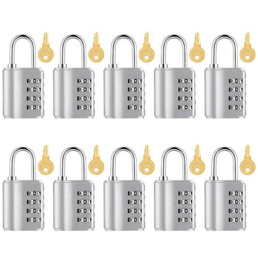 Kenning 10 Pcs Combination Padlock 4 Digit Combination Lock with Keys Locker Resetable Security Outdoor Waterproof Gate Lock for School Sports Gym Locker Employee Fence Case (Silver)