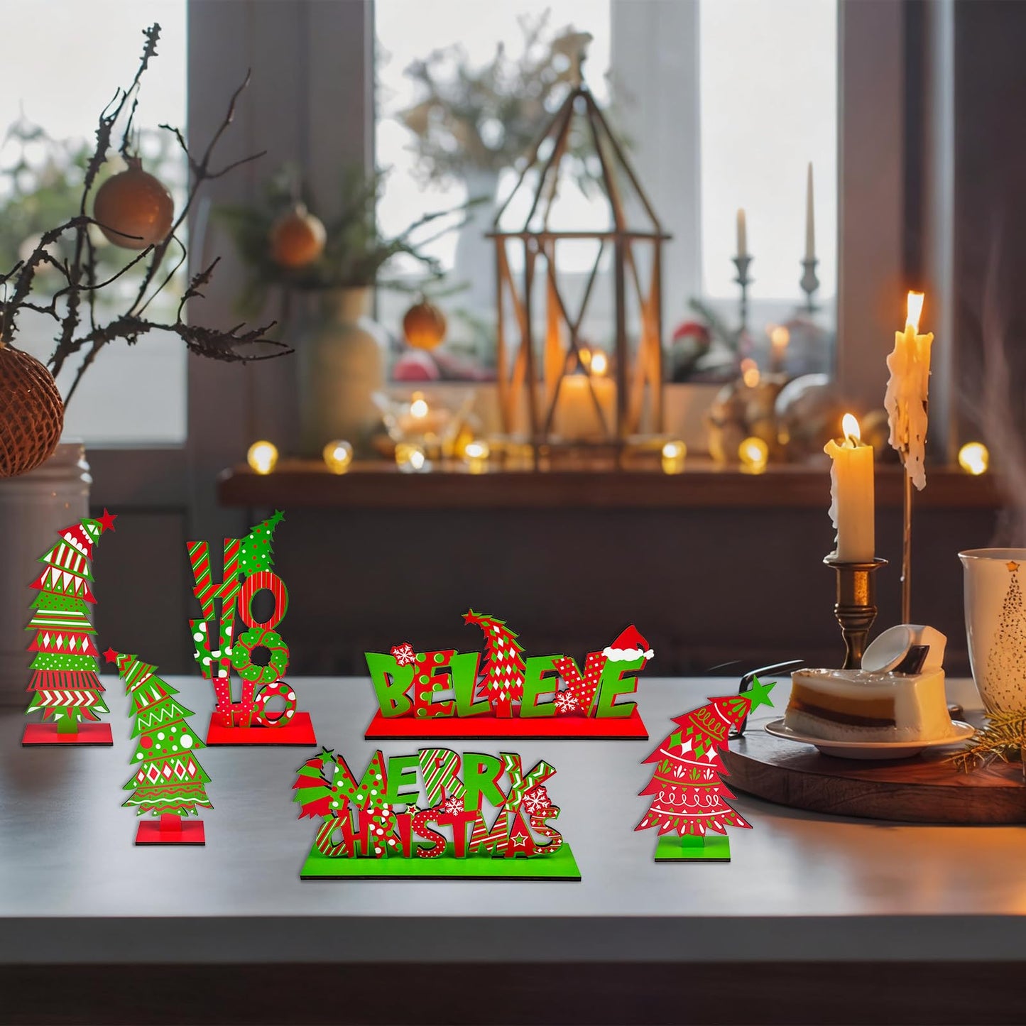 Cinrobiye 6 Pcs Christmas Table Decorations, Red Green Whoville Crooked Christmas Tree Centerpieces Farmhouse Wood Xmas Tabletop Xmas Signs for Home Mantel Fireplace Holiday Party Supplies Decor