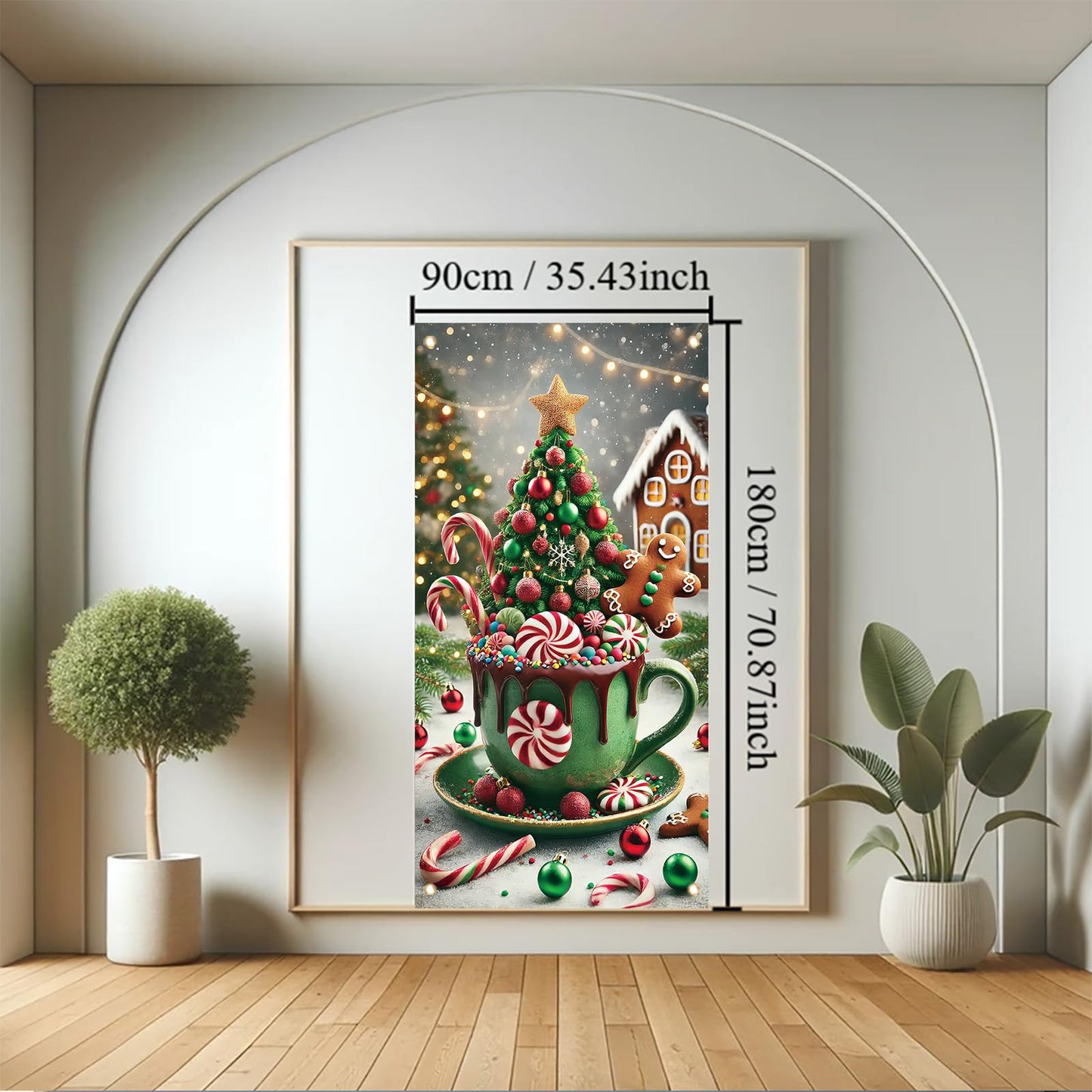 Saoplasa Christmas Door Cover Hot Cocoa Mug Banner 71 x 35 Inch Gingerbread Candy Cane Peppermint Tree Backdrop Holiday Cup Decoration for Christmas Party Wall Hanging Front Door Winter Decor