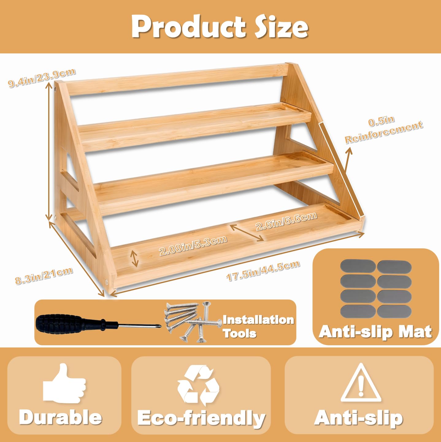 Rasydyn Bamboo Tier Spice Rack Organizer: 17.5 Inch Wide Kitchen Cabinet Countertop Spice Jar Organizer for Home Organization