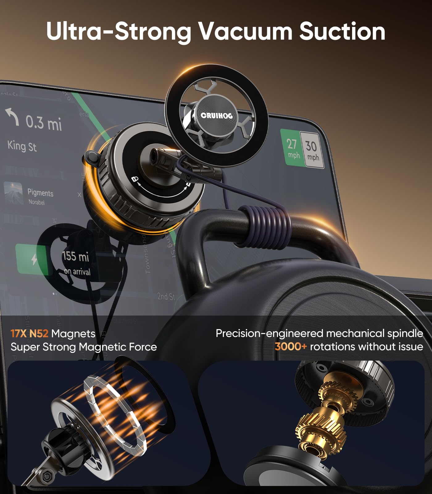 CRUIHOG Car Phone Holder,3-AXIS Telescopic Arm Magnetic Phone Mount, 360° Rotatable & Adjustable & Foldable Vacuum Suction Phone Stand,Phone Holders for Your Car/Dashboard/Windshield/Gym/Mirror