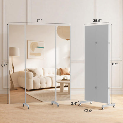 brisafe 71"x67" Folding Mirror with Wheels, 3-Panel Full Length Wall Mirror, Space-Saving Design, Shatterproof Nano Material, Portable Floor Mirror for Gym, Dance Studio, Home, Commercial Use, White