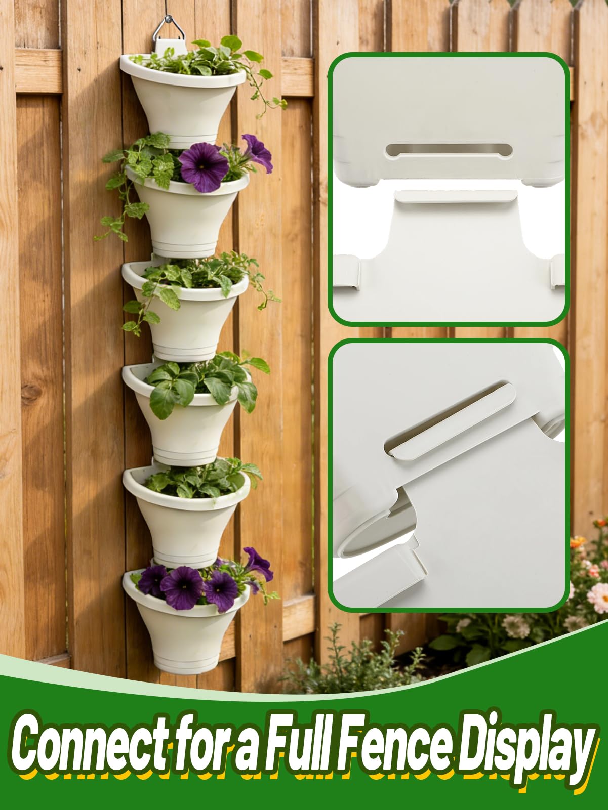 MADHOLLY 6Pcs Vertical Hanging Planters for Outdoor Plants - Wall Plant Holder for Indoor Decorations Garden Fence, Plastic Flower Pots with Drainage Grid and Hooks (White)