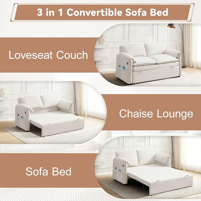 63" Velvet 3 in 1 Convertible Sleeper Sofa Bed, Pull Out Couch Bed Loveseat