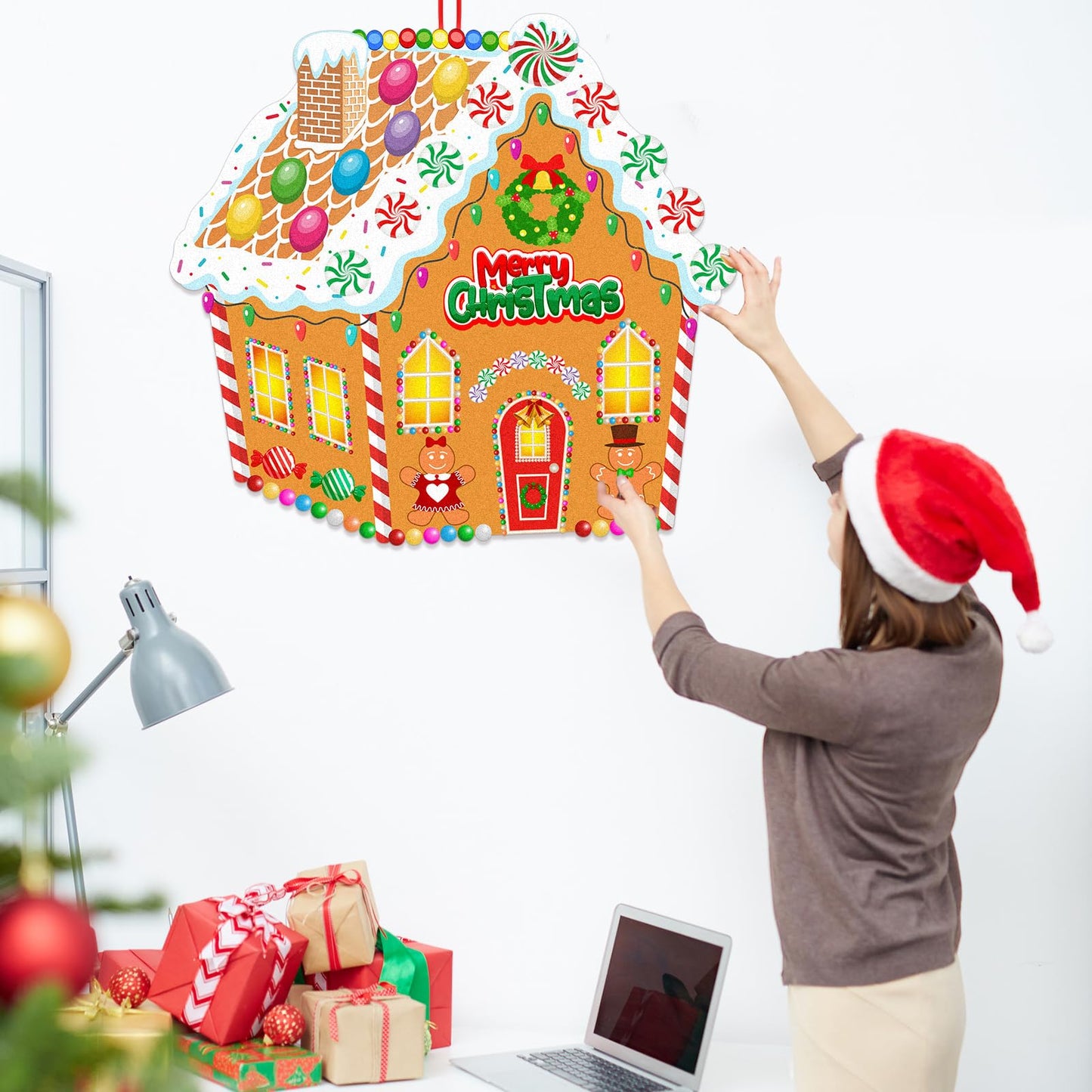 WovWeave DIY Felt Christmas Gingerbread House 3.1 x 2.9 ft with 28 Detachable Ornaments Christmas Crafts Gingerbread House Kit Xmas Gifts for Winter Holiday Party Home Door Wall Hanging Decorations