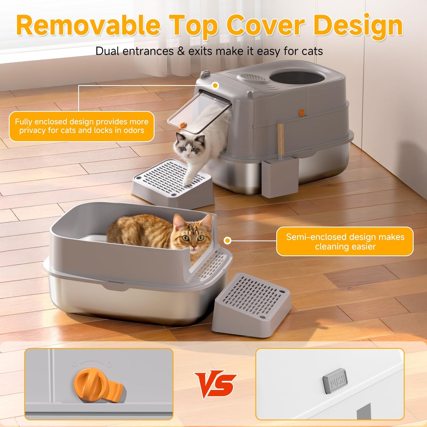 Stainless Steel Cat Litter Box with Lid, XL Extra Large Metal Litter Box for Big Cats, 180° Flip Cover Enclosed Top Entry Litter Boxs with High Sided Enclosure & Scoop, Non-Sticky, Anti-Leakage