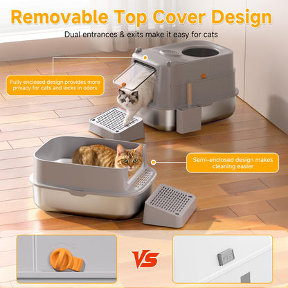 Stainless Steel Cat Litter Box with Lid, XL Extra Large Metal Litter Box for Big Cats, 180° Flip Cover Enclosed Top Entry Litter Boxs with High Sided Enclosure & Scoop, Non-Sticky, Anti-Leakage