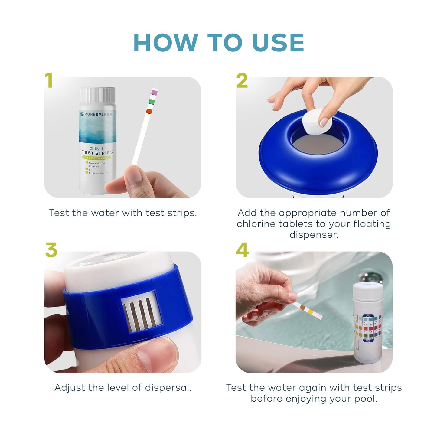 𝐏𝐔𝐑𝐄 𝐒𝐏𝐋𝐀𝐒𝐇! 1kg 4-in-1 Chlorine Tablets with Floating Dispenser – Hot Tub & Pool Chemicals for Inflatable, Paddling & Above-Ground Pools | Sanitiser, Algaecide, Stabiliser, Clarifier
