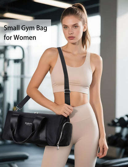 Sports Small Gym Bag for Women & Girls and Kids, Cute Mini Duffle Bag with Wet Pocket & Shoes Compartment, Personal Item Travel Workout Bag, 16"-Small, Black