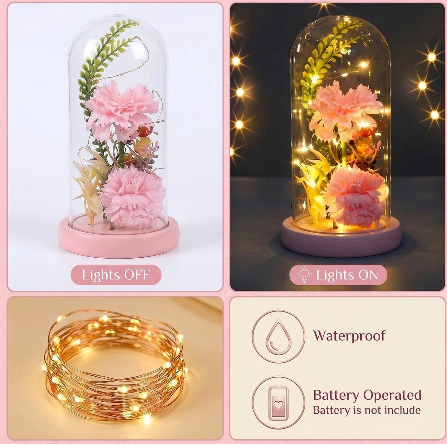 Strackvial Galaxy Glass Carnation Forever Preserved Flower with Light, Valentines Day Birthday Gift for Women, Mom, Wife, Girlfriend, Light Up Carnation in Glass Dome for Mothers Day