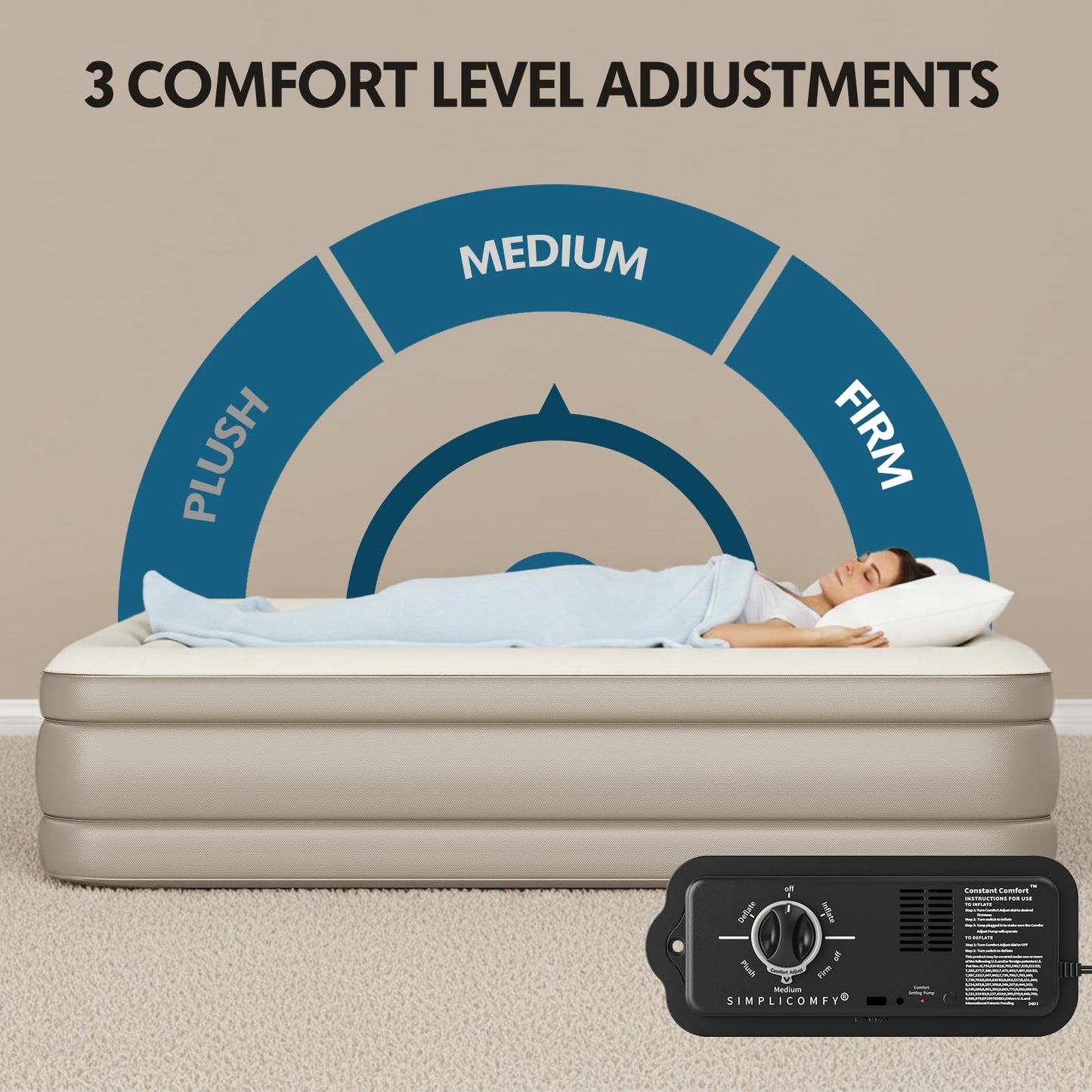 Simpli Comfy Twin Air Mattress with Built-in Patented Constant Comfort Dual Pump, 18" Raised Blow-up Colchon Inflable Mattress, Three Adjustable Firmness Settings, Self-monitoring Air Retention System
