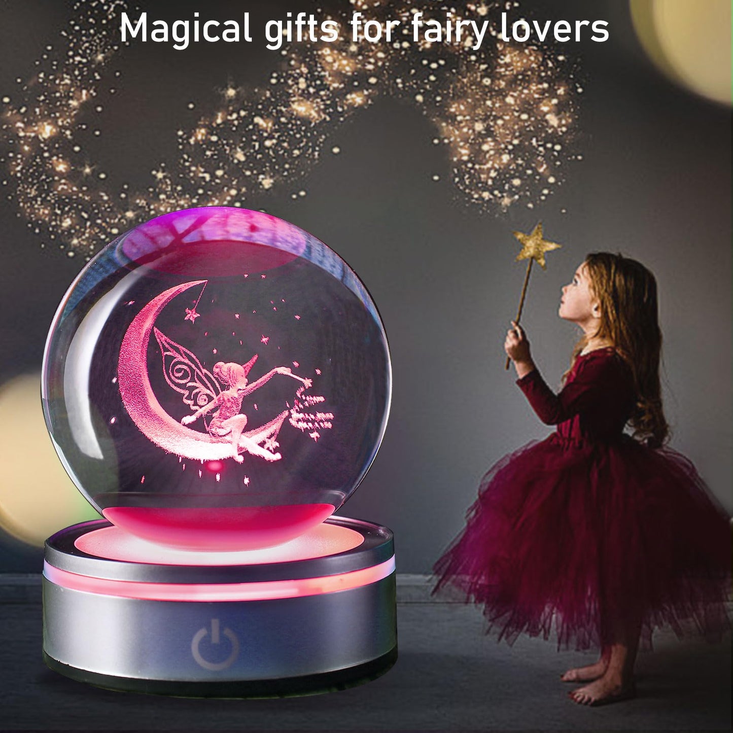 Goutangen 3D Crystal Ball Moon Decor Light Fairy Gifts for Women Girls Fairy Lovers, Laser Engraved Glass Sphere Fairy Figurine for Adults on Birthday Christmas - 80mm
