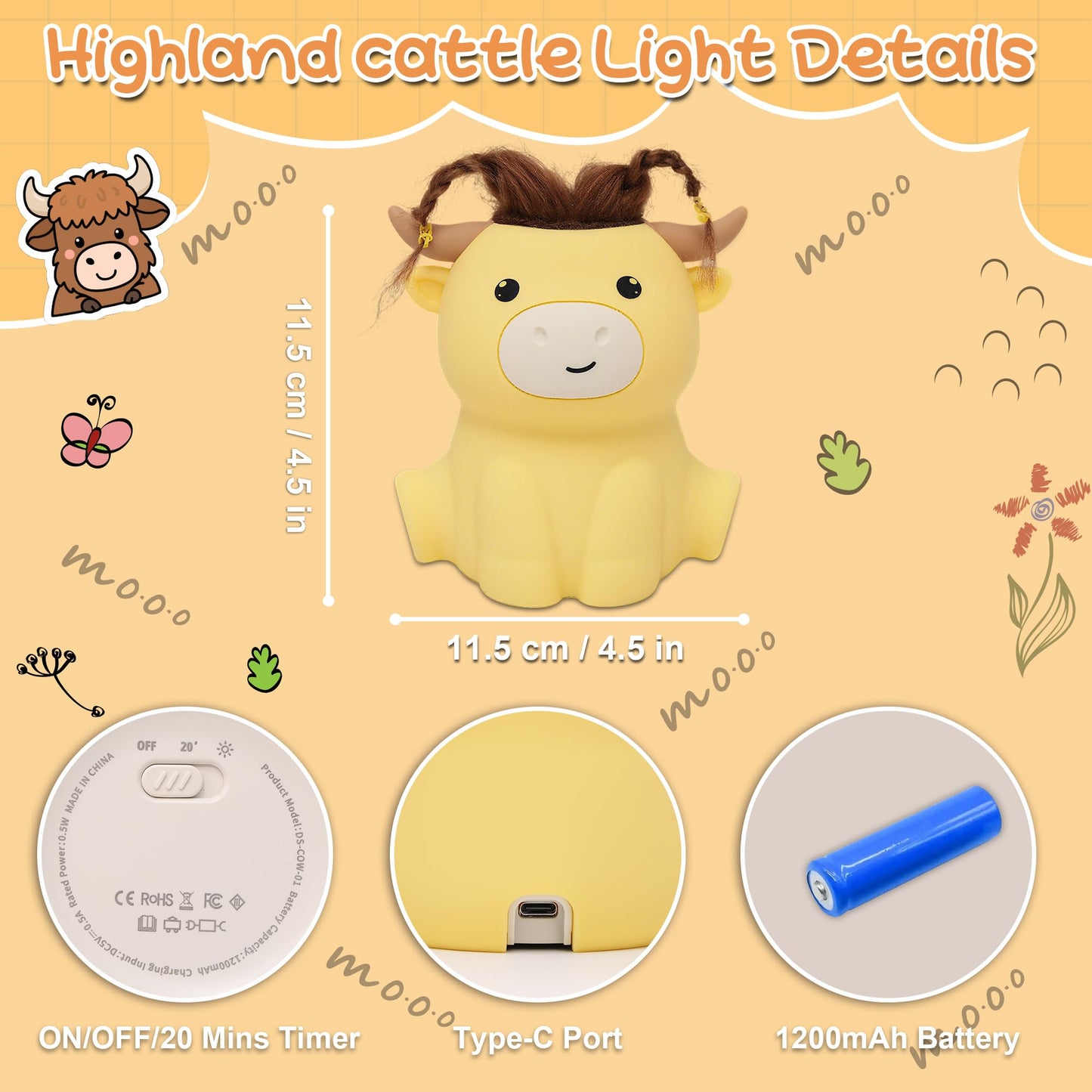 Okayera Highland Cow Night Light, Fluffy Cow Squishy Lamp for Kids, Soft Silicone Animal Nightlamp with 2 Levels Dimmable & 20 Mins Timer, Rechargeable LED Light Gifts for Baby Boys Girls