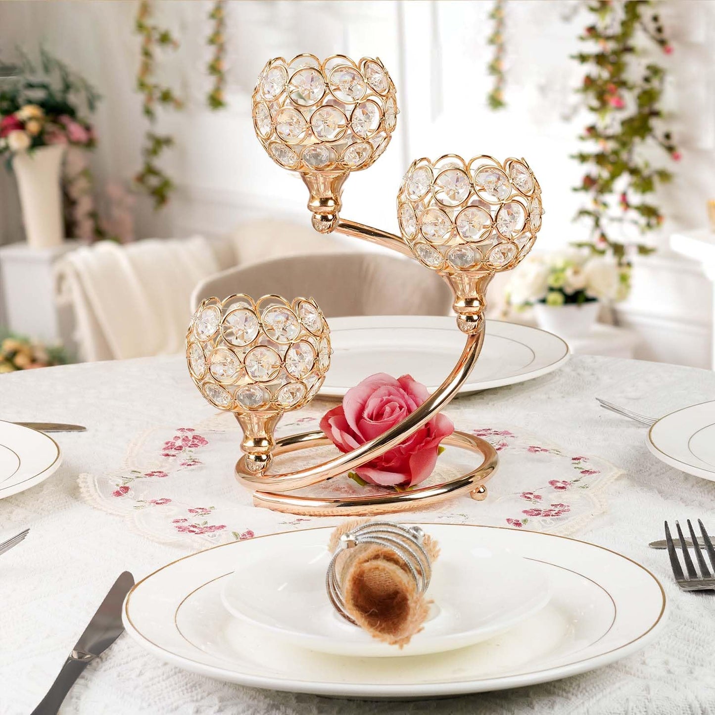 KEHAIL Metal Crystal Candle Holder Set of 2 - Elegant 3-Arm Metal Tea Light Centerpiece with Shining Crystal Bowl, Wedding Anniversary Table Decor for Dining, Party (Gold, 2 Pcs 3 Arm)