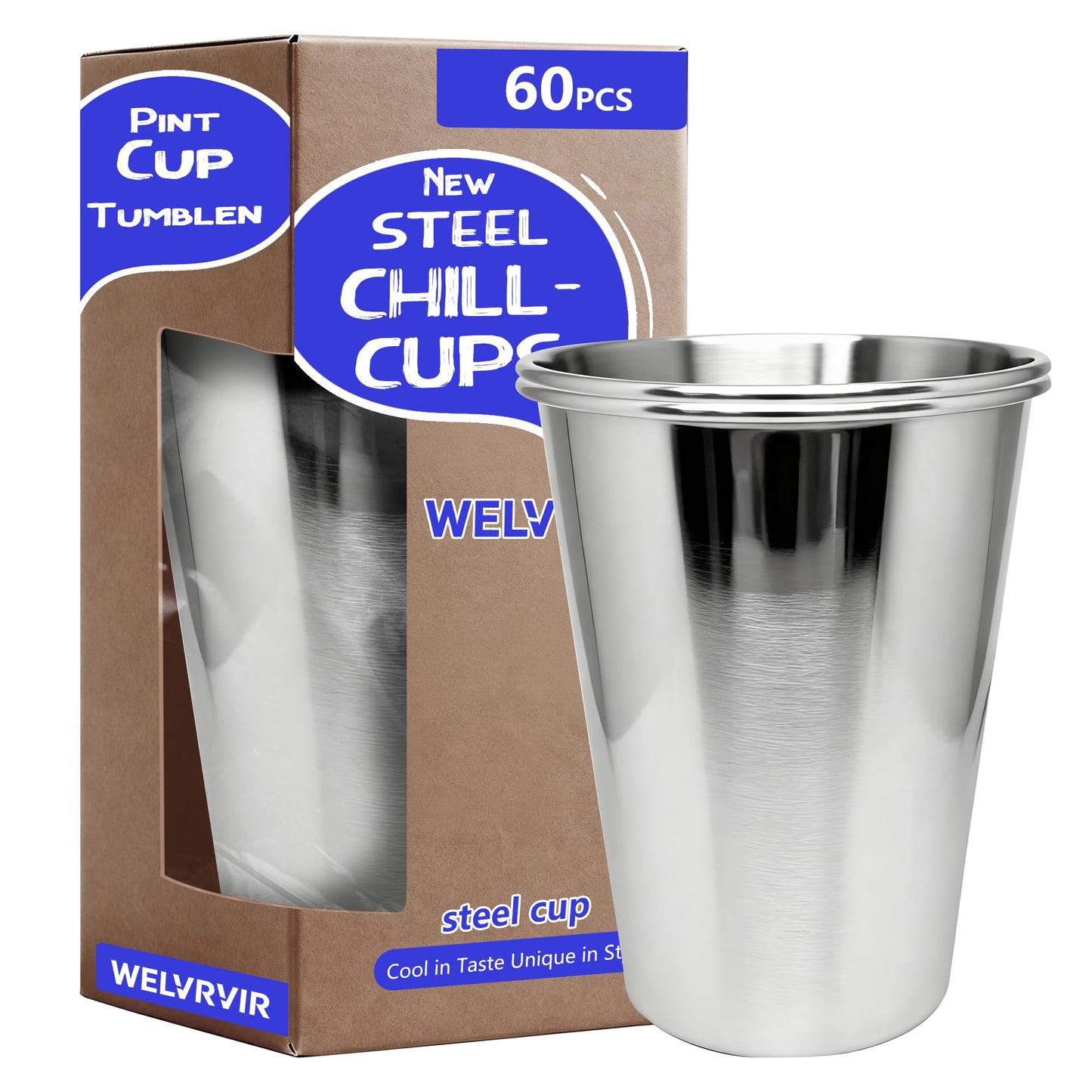 WELVRVIR 20oz 60PCS Stainless Steel Pint Cup,Pint Tumbler,Reusable metal Cups,Stainless Steel Water Tumbler,BPA Free,Stackble,Durable,Unbreakable Metal Drinking Glasses for Bar,Banquet Mugs (60, 20OZ)