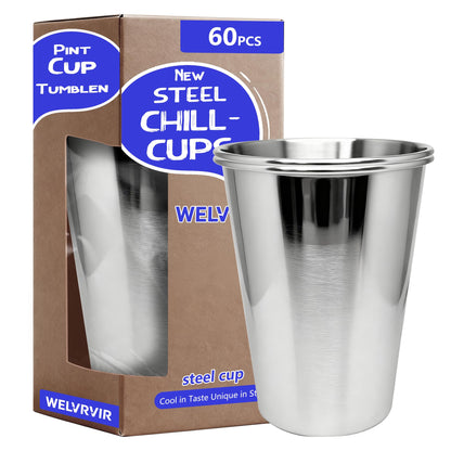 WELVRVIR 20oz 60PCS Stainless Steel Pint Cup,Pint Tumbler,Reusable metal Cups,Stainless Steel Water Tumbler,BPA Free,Stackble,Durable,Unbreakable Metal Drinking Glasses for Bar,Banquet Mugs (60, 20OZ)