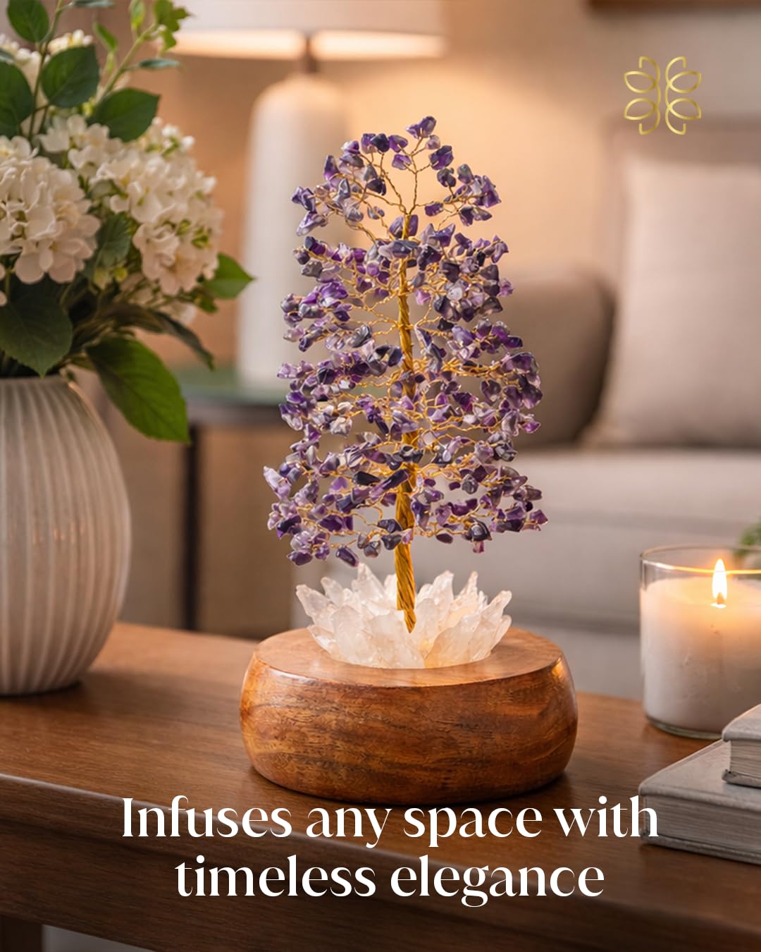 Amethyst Crystal Tree of Life with LED Light, Handcrafted Gemstone Bonsai on Quartz Base & Acacia Wood Stand – Spiritual Home & Office Décor, Feng Shui, Gift for Women
