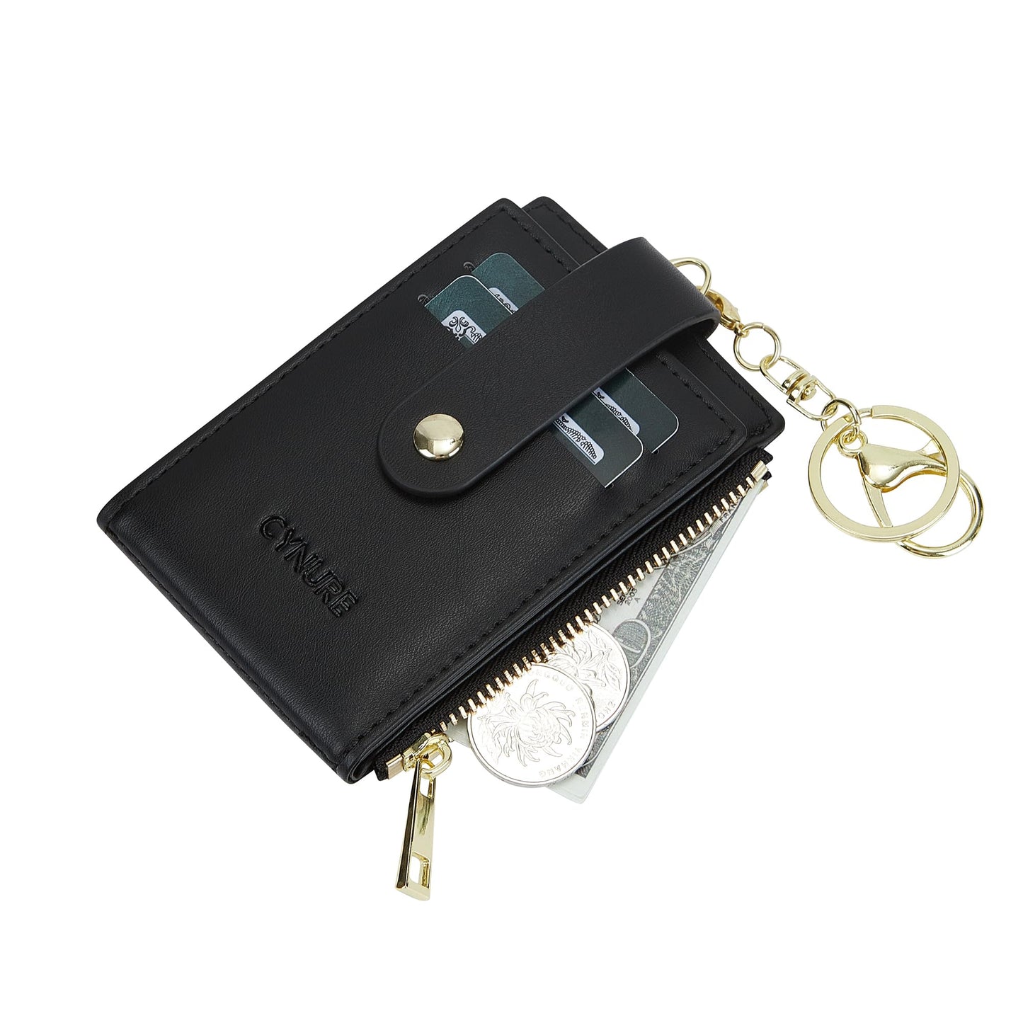 Cynure Women & Men Leather RFID Blocking Card Holder Slim Small Zipper Keychain Front Pocket Wallet with 2 ID Window, 1-plain black