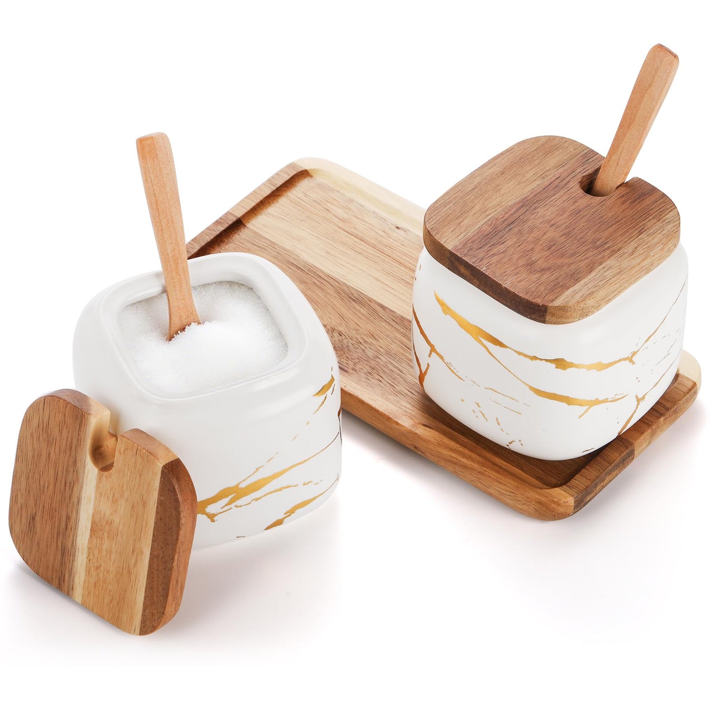 Dicunoy 2 Pack Ceramic Sugar Bowl with Lids and Spoons, Salt and Sugar Container, White Porcelain Sugar Coffee Container, Condiment Spice Pots with Wooden Tray for Bar Table, Kitchen, Countertop
